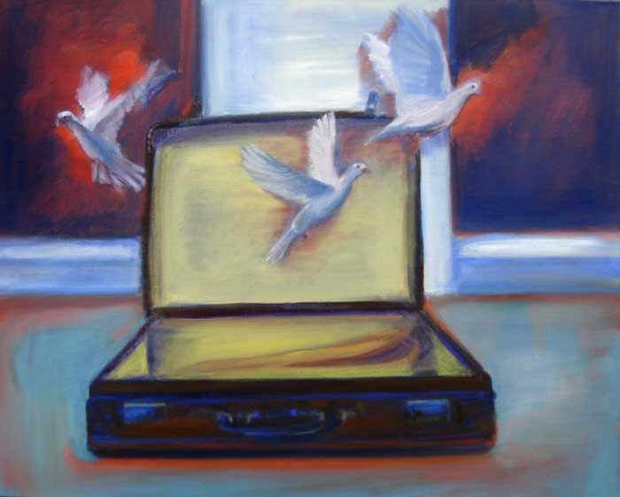 Mary Byrne, Return from Burma Suitcase and Birds,   art for sale